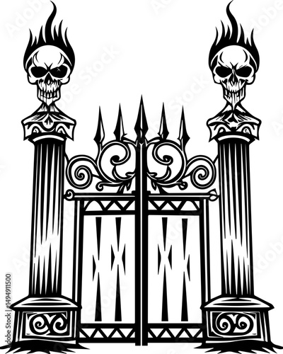SVG skull tattoo with sea lantern priests in mystical nautical vector style. Spooky Gothic Gate with Skull Decor and Flame Details for Halloween