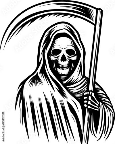 SVG skull tattoo with sea lantern priests in mystical nautical vector style. Grim Reaper Holding Scythe in Black and White Vintage Illustration