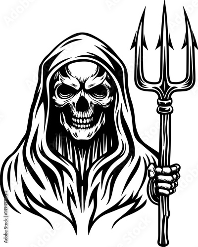 SVG skull tattoo with sea lantern priests in mystical nautical vector style. Grim Reaper Illustration with Menacing Skull and Trident Pose