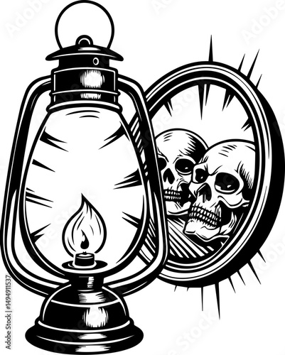SVG skull tattoo with sea lantern priests in mystical nautical vector style. Vintage Lantern Reflecting Eerie Skulls in a Dark Setting