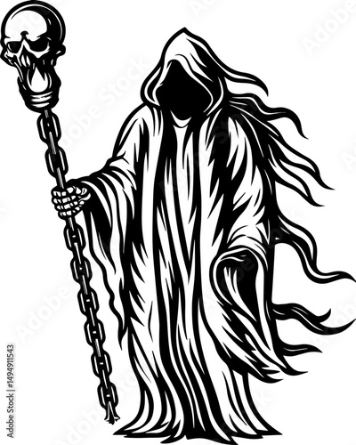 SVG skull tattoo with sea lantern priests in mystical nautical vector style. Mysterious Figure in Cloak Holding Skull Staff and Chain