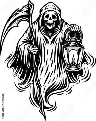 SVG skull tattoo with sea lantern priests in mystical nautical vector style. Grim Reaper Holding Lantern in Dark, Spooky Design Illustration
