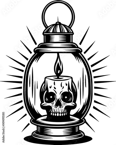 SVG skull tattoo with sea lantern priests in mystical nautical vector style. Vintage Lantern with Skull and Candle: A Dark Fantasy Illustration