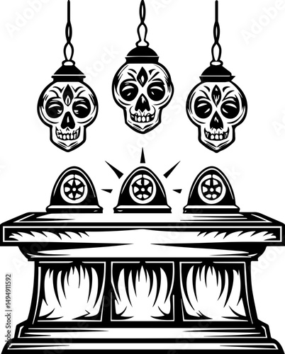 SVG skull tattoo with sea lantern priests in mystical nautical vector style. Decorative Skull Illustrations with Vintage Style Hanging Lamps
