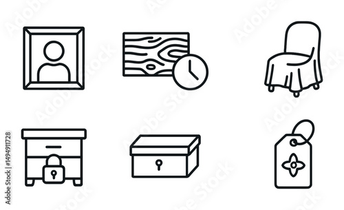 Home decor outline icons set – furniture, design, interior style symbols