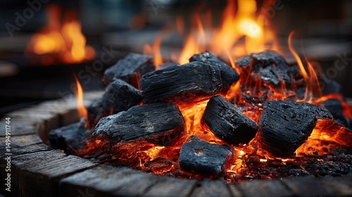 Close-up view of flaming charcoal grill with glowing red embers and warm orange flames creating smoky atmosphere for outdoor cooking and barbecue