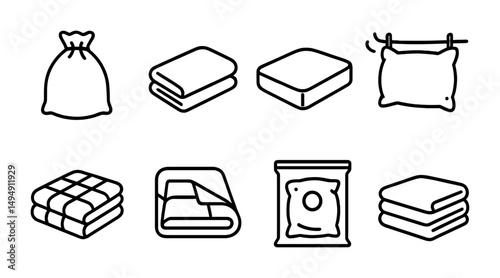 Laundry and bedding outline icons set – silhouette, linen, household symbols