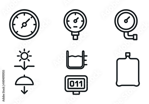Pressure gauge outline icons set – linear, line, measurement and instrument symbols