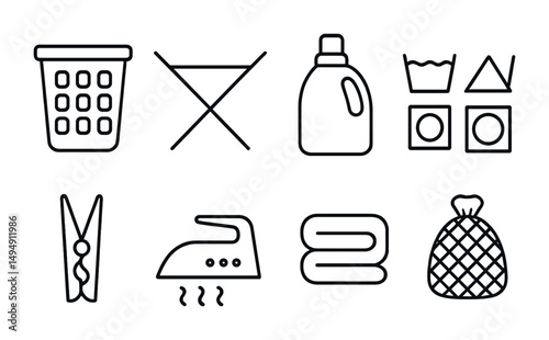 Laundry and cleaning outline icons set – linear, washing, household symbols