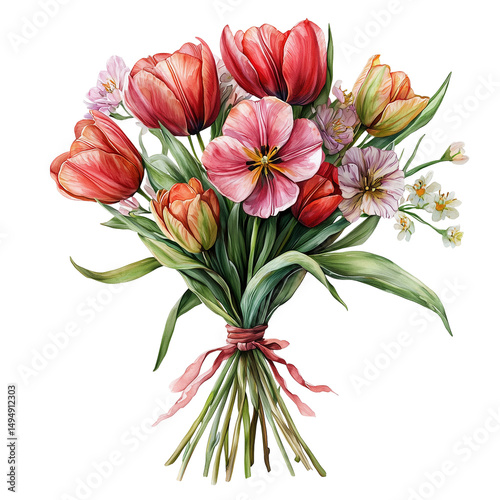 Watercolor painting floral bouquet tulips and pansies artistic rendering isolated on  transparent  background 