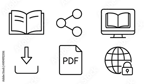 Digital library linear icons set – outline, ebook, online reading symbols