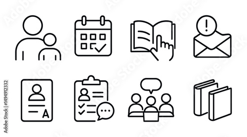 Business and office outline icons set – linear, line, work communication designs