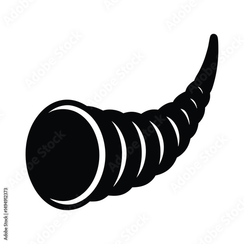 Black and white graphic illustration of cornucopia or horn of plenty