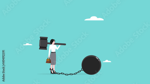 Debt burden, financial obligation or loan payment, solving mortgage or money loan problems, businesswoman trying to destroy the burden with a big hammer