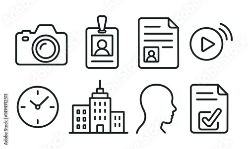 Photography and media outline icons set – linear, line, camera and video symbols