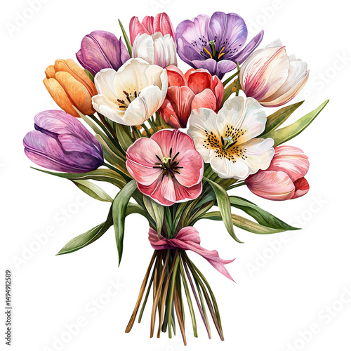 Watercolor tulips bouquet arrangement colorful floral art illustration isolated on  transparent  background 