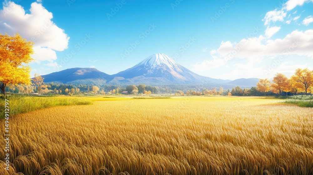 Obraz premium Realistic 3D Mount Fuji view with rippling golden rice fields in the foreground and a crisp blue sky