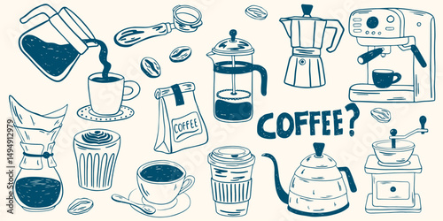 Hand drawn coffee chalk vector illustrations. Minimalist line art. Vector illustration of coffee icons crayon drawing style. Illustration for invitations, menus design, social media. La dolce vita.