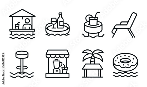 Beach and leisure outline icons set – linear, line, summer and relaxation symbols