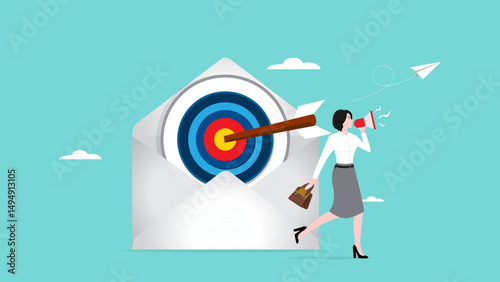 target email marketing, Digital Marketing Business Newsletter, subscribing to a newsletter or sending online promotions to direct customers to a website, businesswoman with megaphone and target email