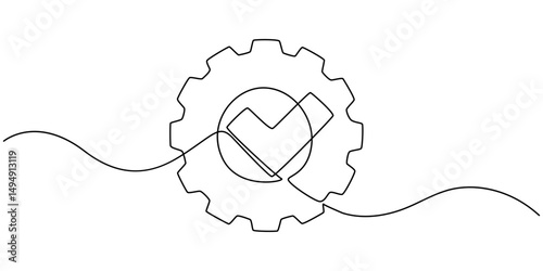 Gear wheel with check mark continuous one line drawing. Moving linear cog gear. Approved sign. Vector illustration isolated on white, A gear with a check mark on it. The check mark is a symbol.