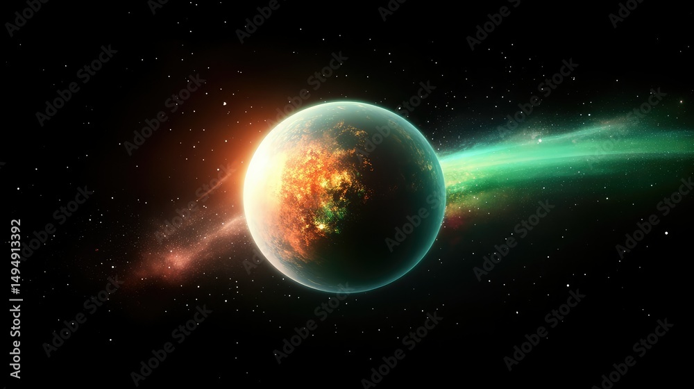 Naklejka premium Realistic planet Earth glowing with life in space, set against a dark background with text-friendly layout