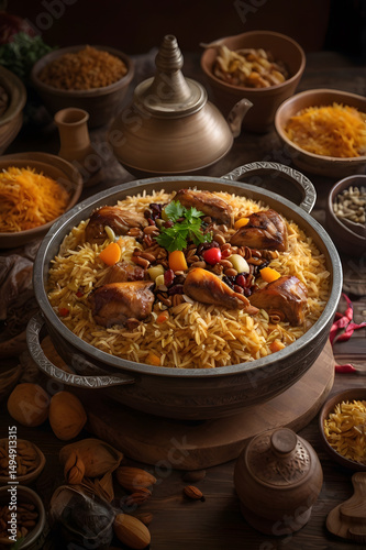 Kabsa – traditional Saudi Arabian rice dish with spiced chicken or lamb, dried fruits, and nuts. Authentic Middle Eastern cuisine with rich Arab flavors.
