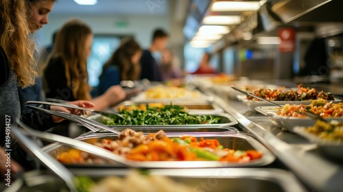 A group of college students enjoying a meal together in a university dining hall, with a variety of cafeteria-style dishes on their trays