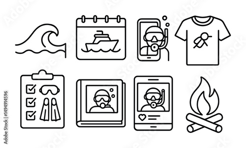 Diving adventure outline icons set – marine, snorkeling, exploration symbols