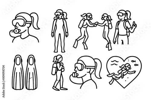 Diving and adventure outline icons set – snorkel, scuba, exploration symbols