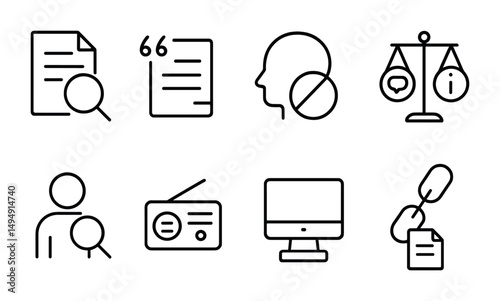 Legal and research line icons set – outline, judiciary and analytical symbols