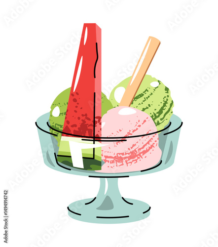 Watermelon sorbet in glass bowl with fresh slice, flat design vector illustration on white. Refreshing summer dessert, cold sweet treat. Perfect for logos, stickers, packaging, food branding, menu