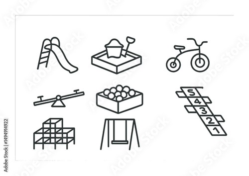 Playground outline icons set – line, linear, park and children's play symbols