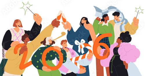 Happy people celebrate New Year. Group of colleagues with champagne congratulate with winter holiday. Friends hold figures of 2026 at party, have fun together. Flat isolated vector illustration