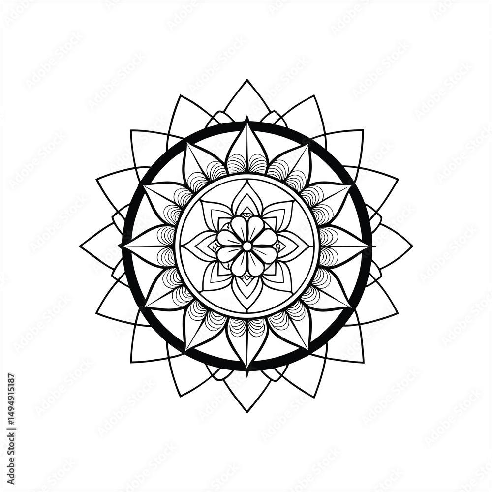 Fototapeta premium Vector black geometric flower pattern design with sphere elements and star shapes