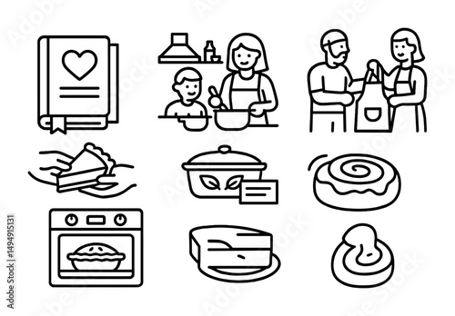 Cooking and baking outline icons set – linear, kitchen, culinary tools