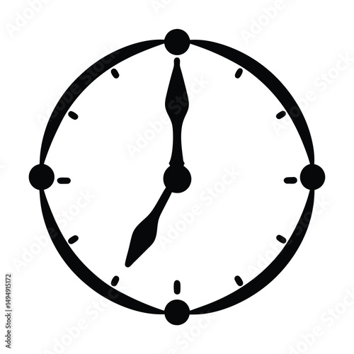Simple black clock face illustration displaying the time around seven o'clock