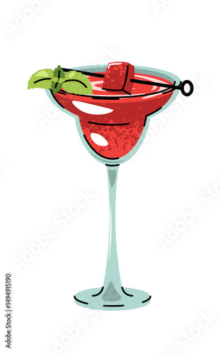 Watermelon drink in glass with ice, mint leaves and fruit, flat design vector illustration on white. Refreshing summer beverage, cold fruity cocktail. Perfect for menu, bar branding, social media