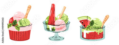 Watermelon Sorbet Illustration Set with Fruit Piece in Glass Bowl or Cup with Wooden Spoon on White Background. Flat Design Ice cream Collection for Stickers, Logos, Summer Graphics, Food Packaging