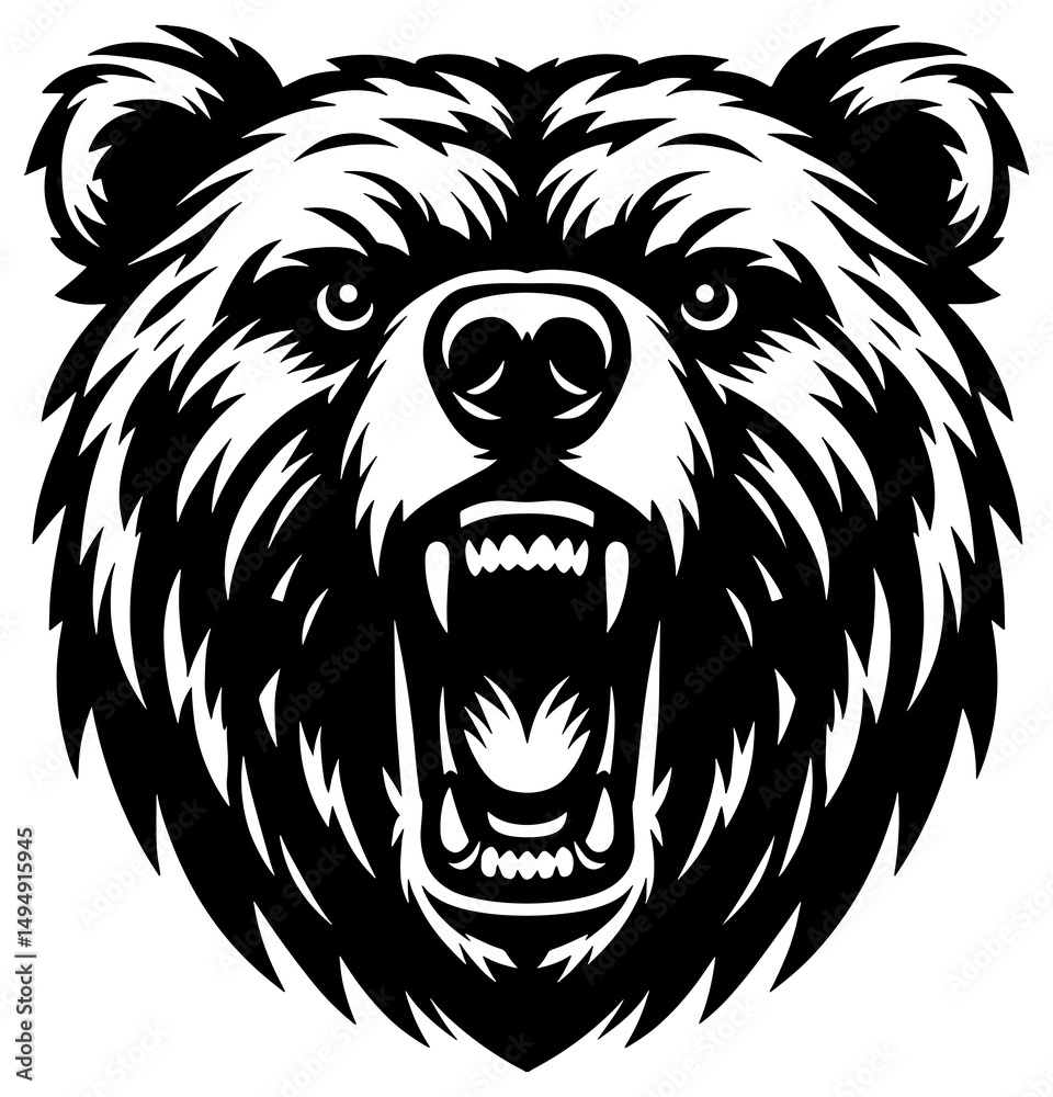 Fototapeta premium A stylized black and white graphic image of a bear's head with an open mouth