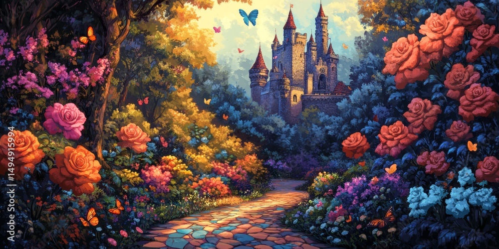 Naklejka premium A colorful painting of a castle and a garden with a path leading to it