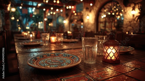 Cozy Mexican restaurant interior with warm ambient lighting, simple wooden table setting featuring rustic decor and inviting atmosphere,