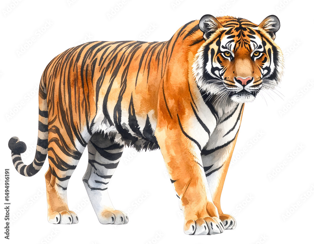 Obraz premium Full-body realistic watercolor drawing of a tiger walking isolated on a transparent background
