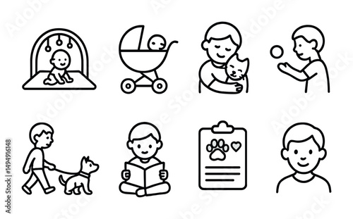 Parenting and childcare outline icons set – linear, family, baby care symbols