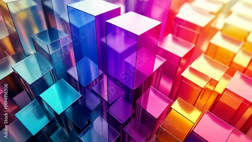 Vibrant, multicolored glass cubes create a dynamic, abstract cityscape