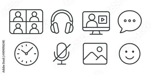 Communication and media line icons set – outline, linear, chat, video symbols