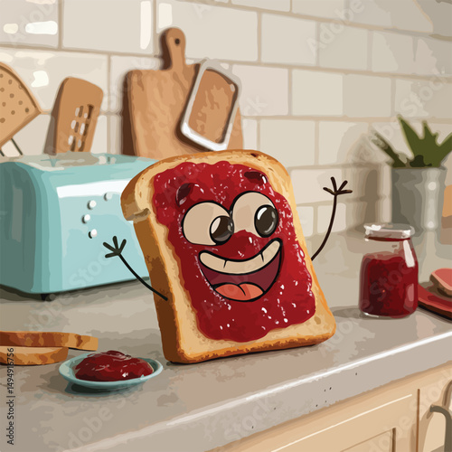 cheeky toast character with a smile covered in bright red jam on the kitchen counter, quirky mood, exaggerated expressions and funny
