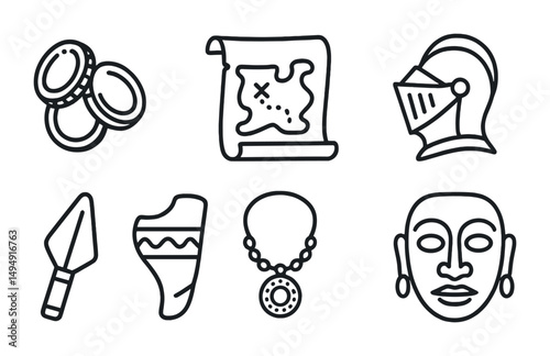 Ancient history line icons set – outline, linear, archaeology and medieval symbols