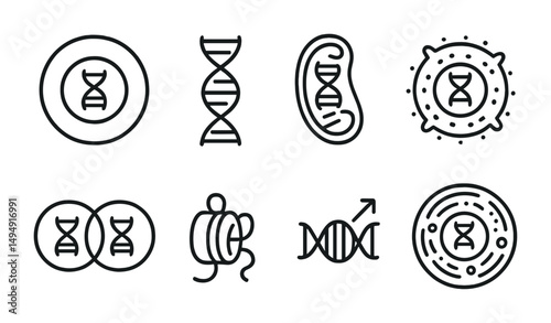 Genetics and biology line icons set – science, dna research symbols