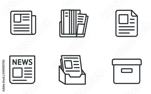 Newspaper and media outline icons set – flat, line, journalism and press symbols